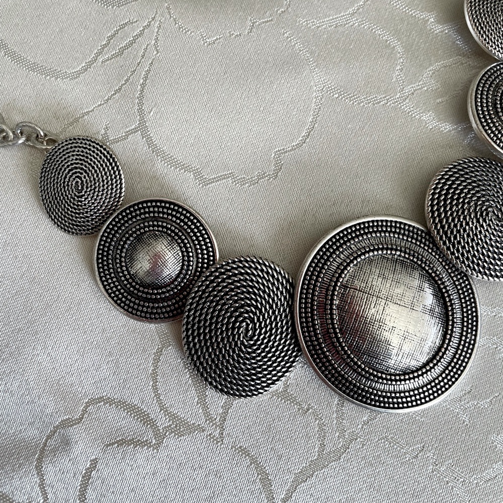 Silver Statement Necklace With Textured Circular … - image 2